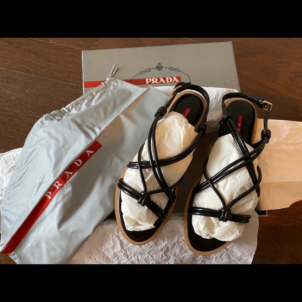 PRADA womens leather strap thong sandals black 36.5